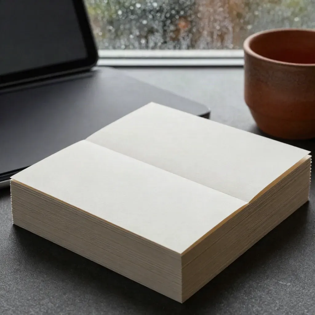 Mockup di homepage su cartoncini, tablet spento e tazza grezza in una mattina piovosa.