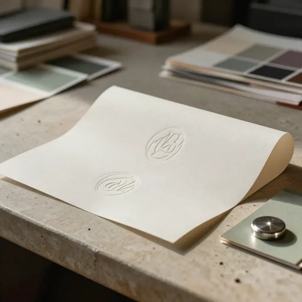 Prove di logo in rilievo, carta curva e sigillo metallico su banco da stampa.