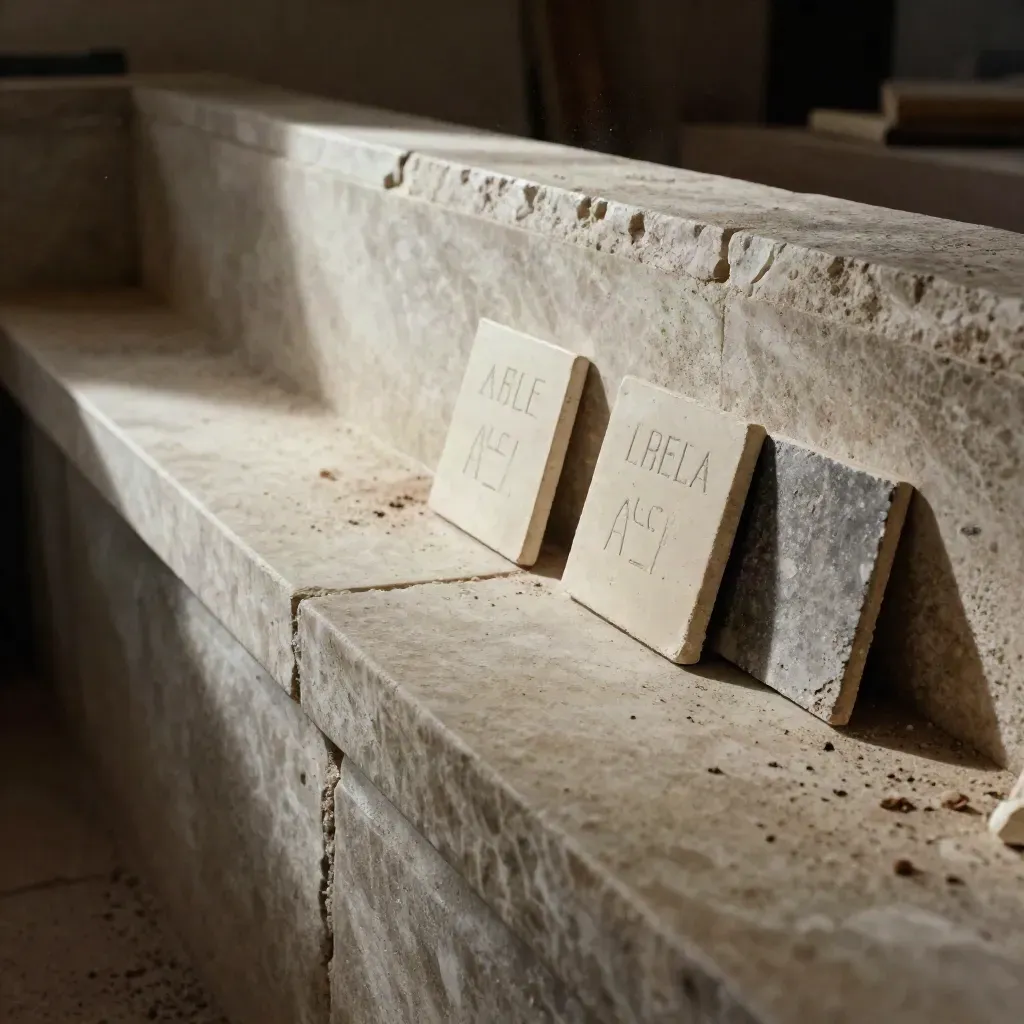 Tessere grezze con nomi studiati in una canaletta di pietra, luce radente e polvere d’atelier.