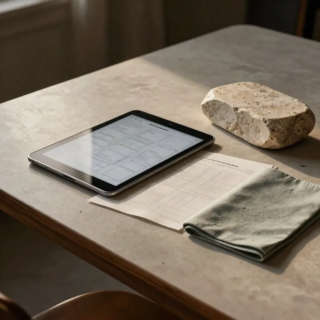 Tablet spento e schede sitemap su tavolo di pietra, luce fredda e accento salvia.