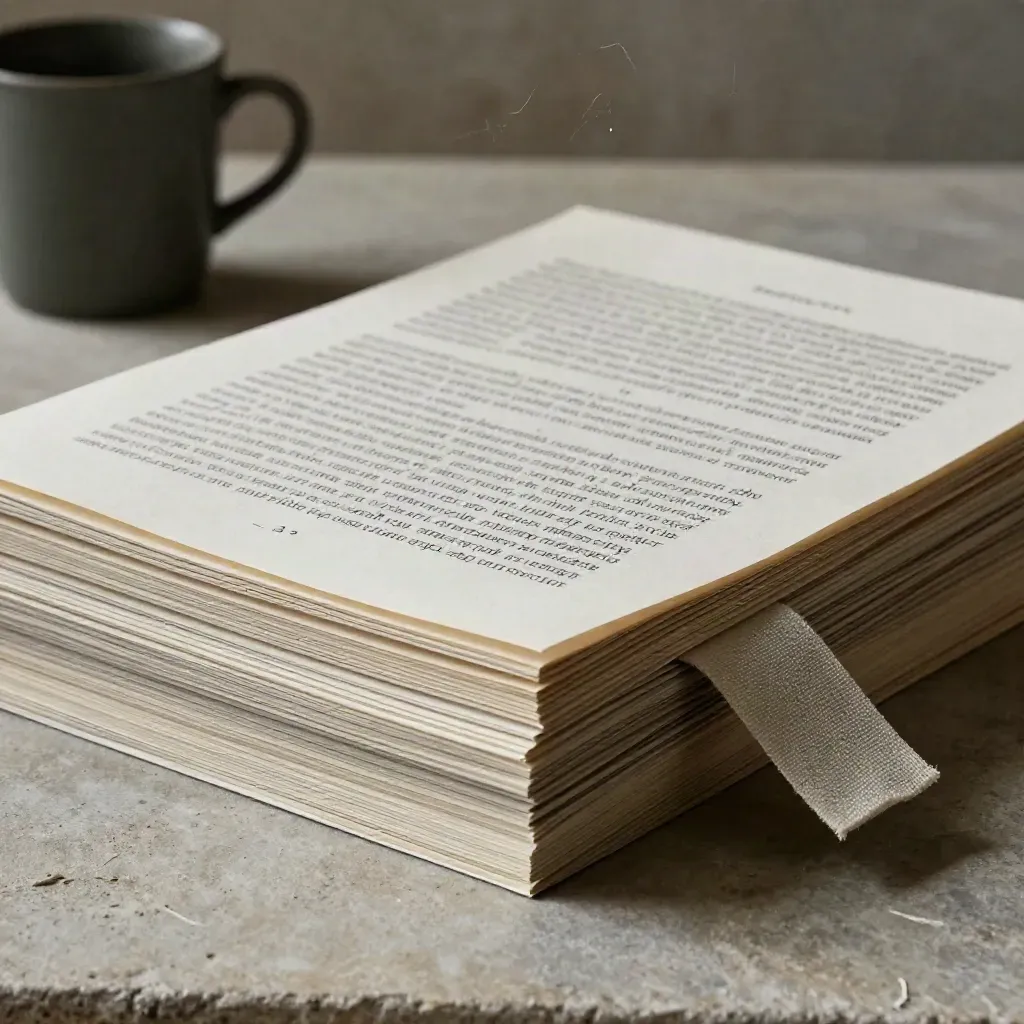 Pile di bozze editoriali con segnalibro in lino e tazza opaca su pietra chiara.