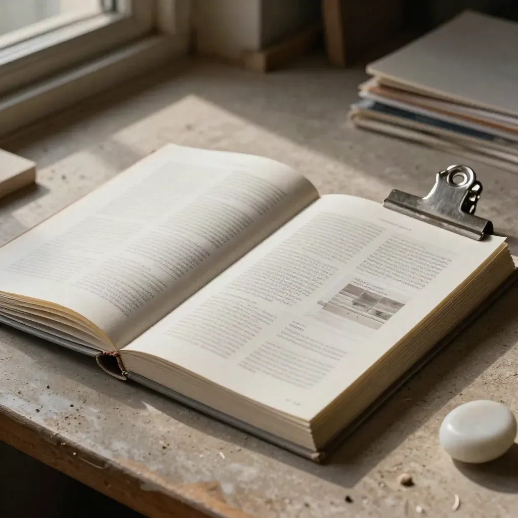 Libro campione aperto con griglia editoriale, clip metallica e fermacarte in pietra su banco chiaro