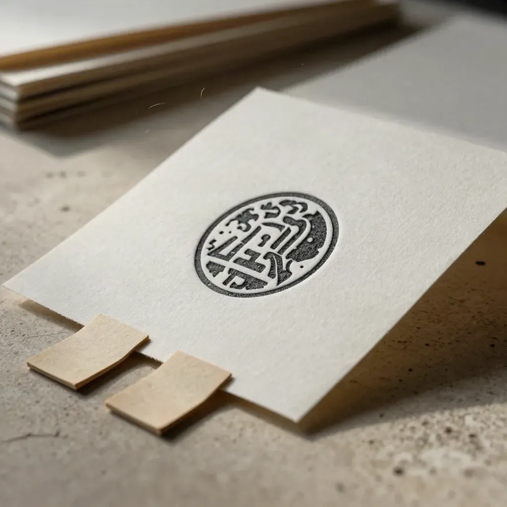 Prova logo in rilievo su carta cotonata con ritagli d’archivio su fondo caldo