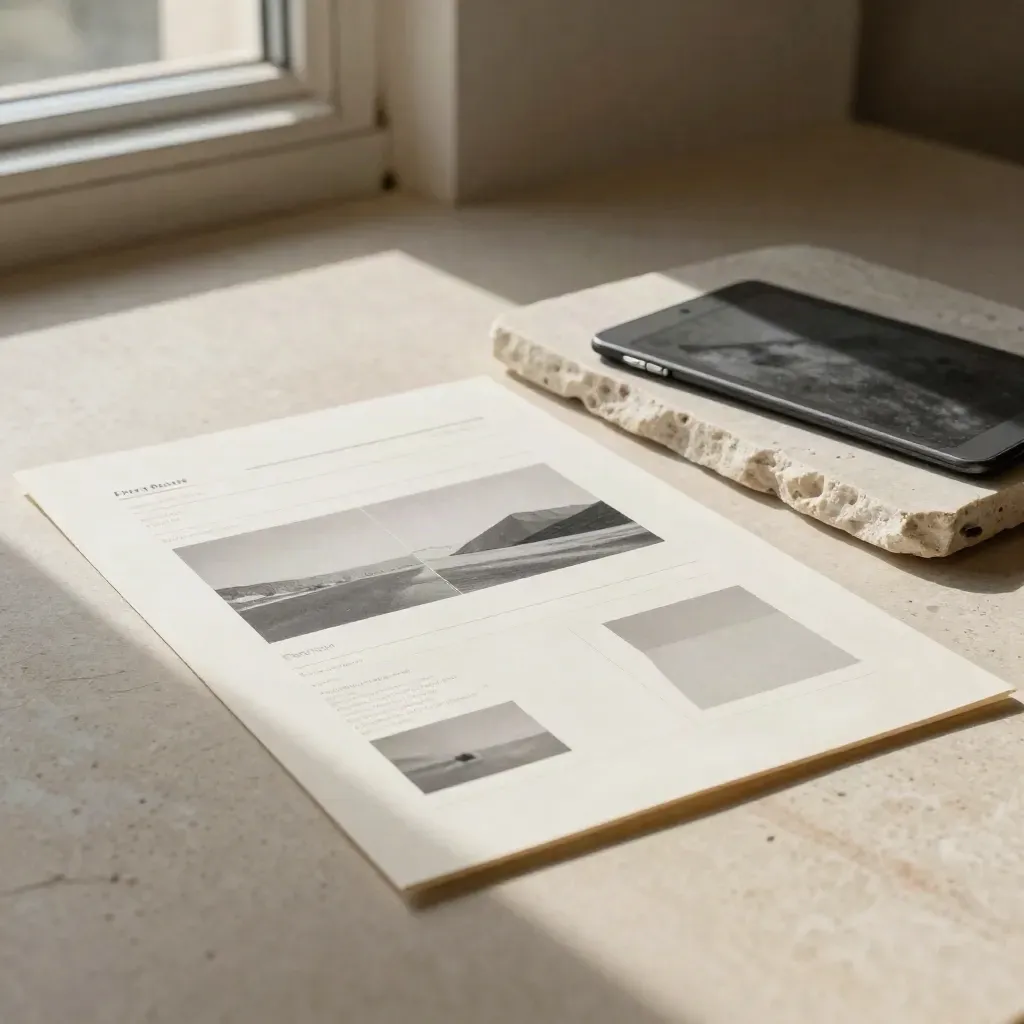 Maquette homepage su carta su lastra di pietra chiara con tablet spento e luce morbida.