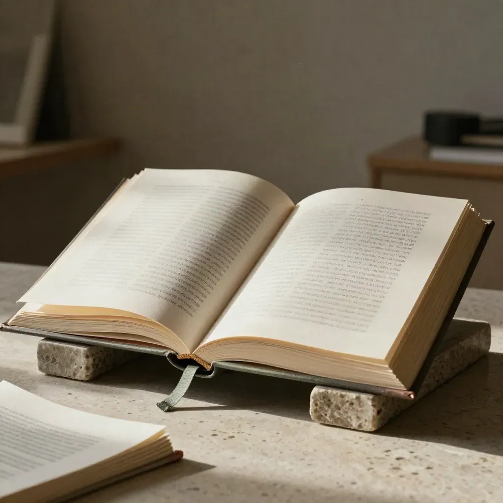 Libro di progetto aperto su blocchi di pietra e segnalibro in lino, luce soffusa di studio.