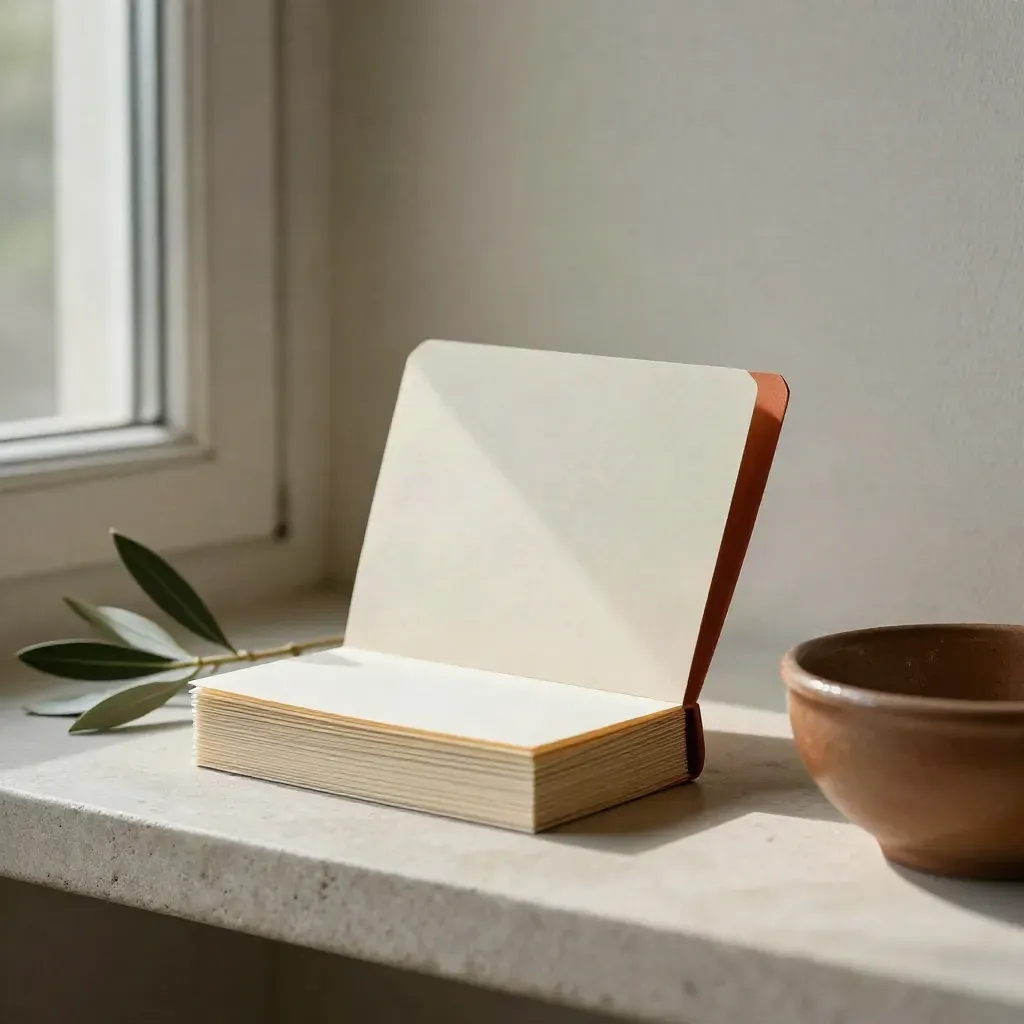Carte avorio piegate con bordo terracotta tra foglia d’ulivo secca e ciotola in ceramica.