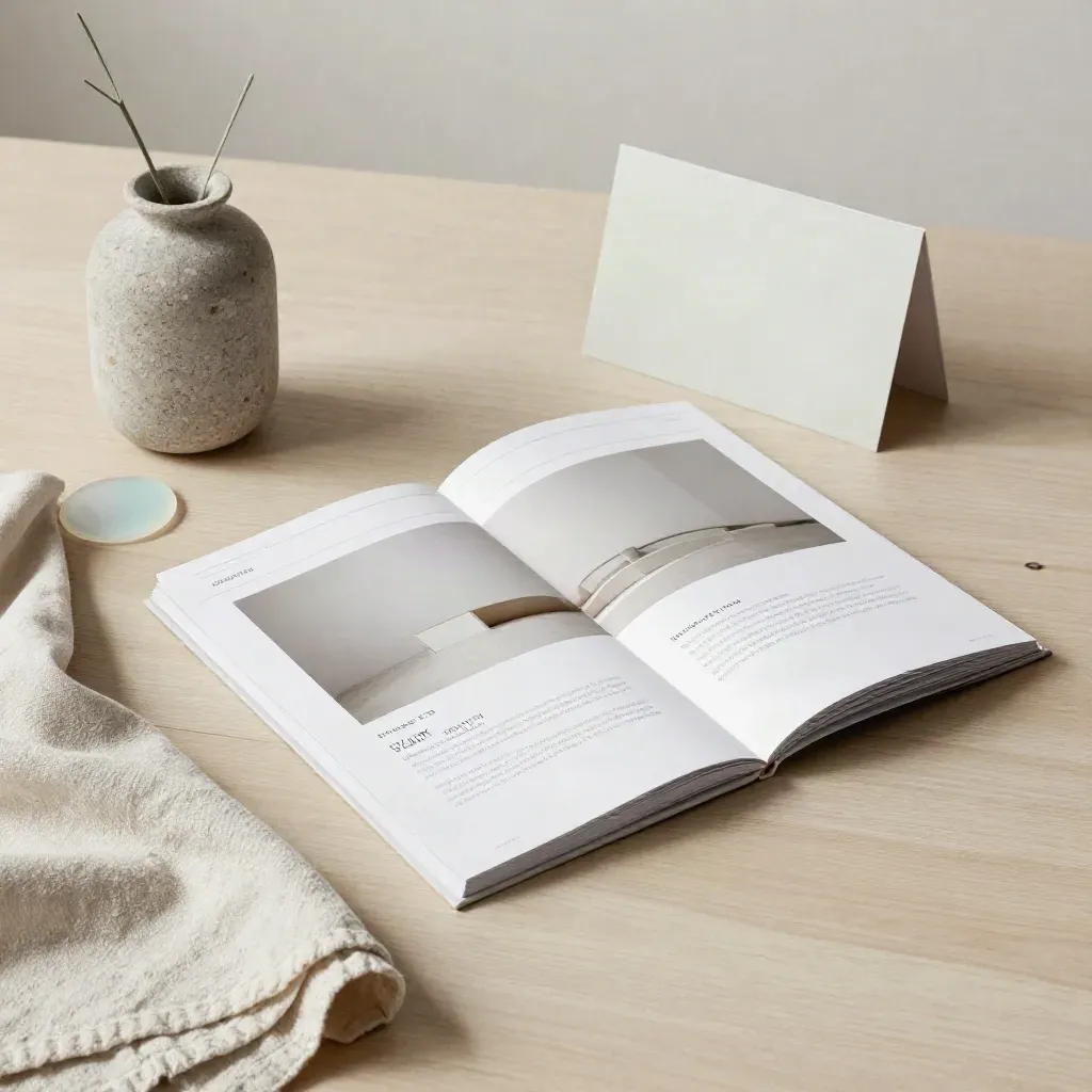 Maquette di sito, vaso in pietra, panno piegato e disco in vetro su legno chiaro.