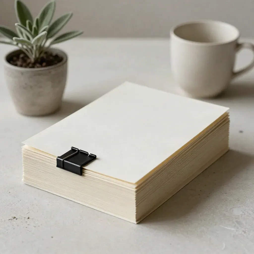 Carte per copy essenziale con graffetta nera, piantina minuta e tazza sfumata su fondo chiaro.