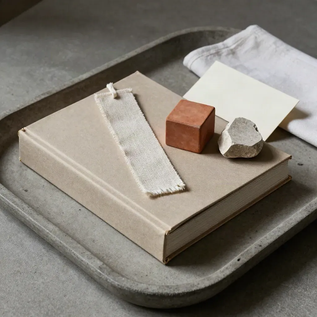 Catalogo culturale con segnalibro in lino, terracotta e pietra su vassoio in cemento.